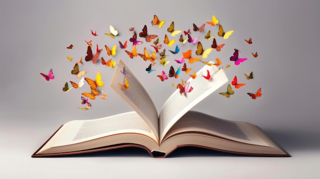 Foto een opengeslagen boek met een magische zwerm kleurrijke vlinders die opvliegen