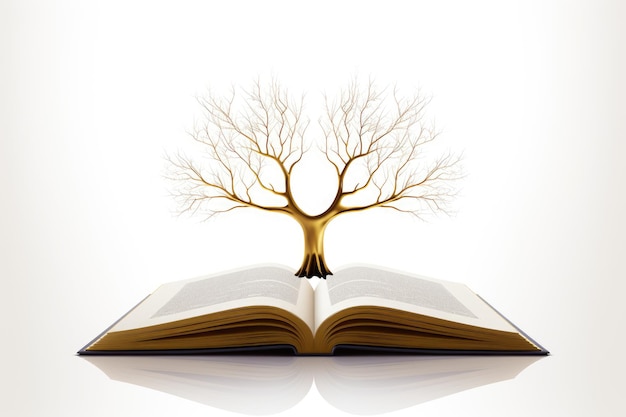 Een opengeslagen boek waar een boom uit groeit