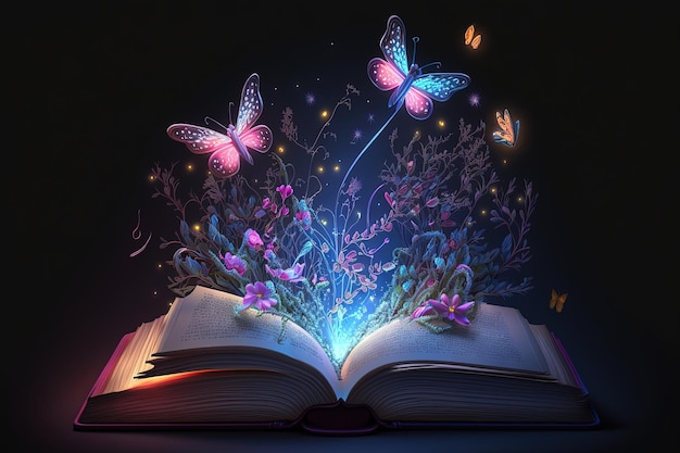 Een opengeslagen magisch boek met gloeiende flora en vlinders