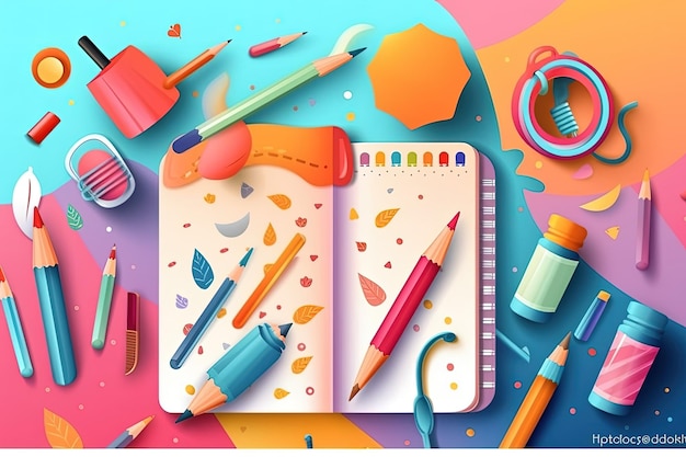 Een opengeslagen notitieboekje met kleurrijke potloden en stiften eromheen Generatieve AI