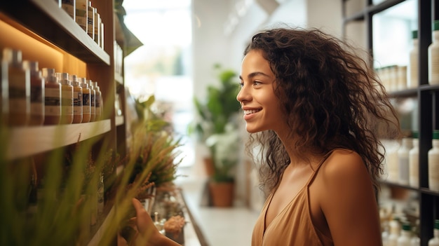 Een openhartig beeld van een vrouw die in een winkel enthousiast doorzoekt naar natuurlijke, milieuvriendelijke cosmetische producten