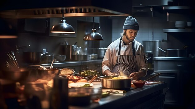 Een openhartig portret van een chef-kok die in een keuken kookt met een wazige achtergrond van de restaurants die dineren