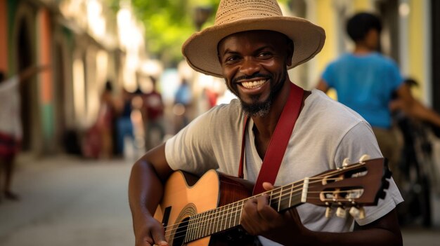Foto een openhartig portret van een muzikant met een diepe huidskleur die zijn passie en creativiteit benadrukt, genomen in de levendige straten van havana, cuba