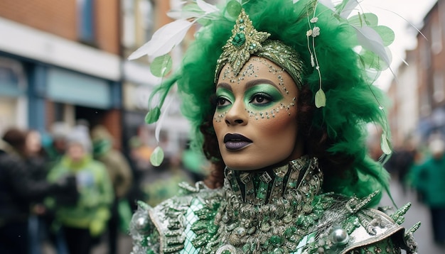 Een openhartig straatportret van een persoon in een uitgebreid St. Patrick's Day kostuum