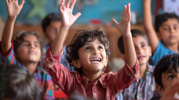 Foto een openhartige opname die de essentie van de dynamiek in de klas vasthoudt. kinderen die energiek handen opheffen.