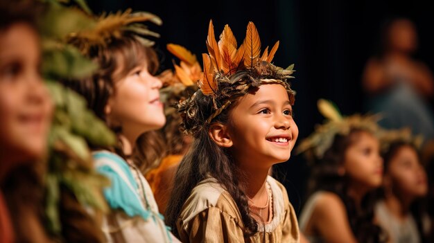 Een openhartige opname van kinderen die optreden in een gemeenschapstheaterproductie en hun talent en creativiteit tonen. Het beeld weerspiegelt de onschuld van jonge artiesten.