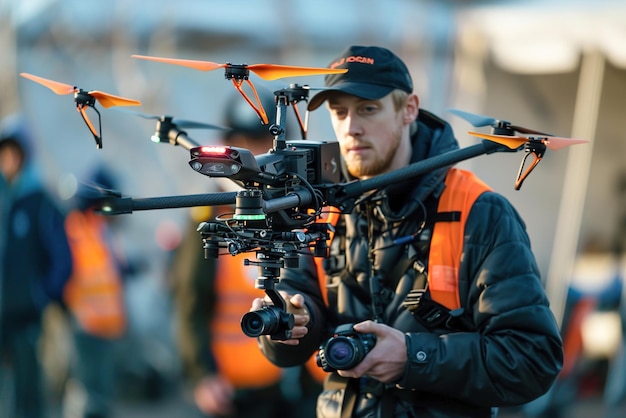 Een operator navigeert een drone die gebeurtenissen documenteert, filmopnames maakt en helpt bij het zoeken en