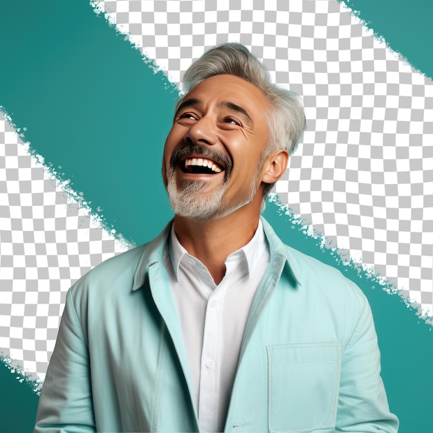 Een opgetogen man van middelbare leeftijd met kort haar van de Spaanse etniciteit, gekleed in voedingsdeskundige-kleding, poseert in een dramatische stijl naar boven gericht tegen een pastel-turquoise achtergrond