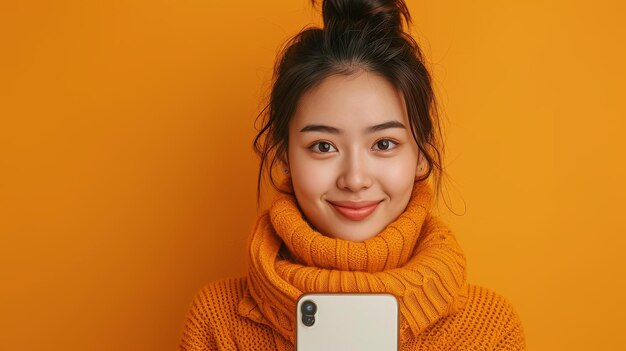 Een opgewonden Aziatische vrouw kijkt door een gigantische verticale mobiele telefoon met een wit leeg scherm en kijkt naar het scherm van het apparaat met een gele oranje muur als achtergrond