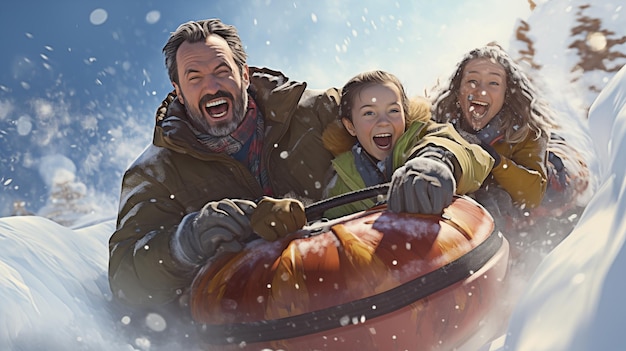 Een opgewonden gezin geniet van een opwindende slee rit op een besneeuwde dag