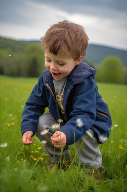 Een opgewonden kleine jongen blaast paardenbloem zaden in een veld