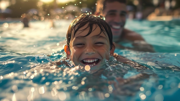 Een opgewonden vader en zoon genieten van een beetje lachen in het zwembad terwijl ze proberen te zwemmen en ruimte generatieve AI