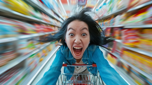 Een opgewonden vrouw rijdt met een winkelwagentje door een gang van een supermarkt omringd door wazige planken