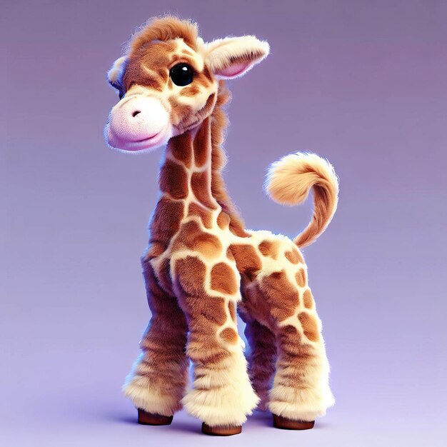 Een opgezette giraf met een blauwe achtergrond en een paarse achtergrond.