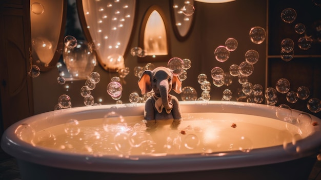 Foto een opgezette olifant die in een badkuip zit omringd door bubbels generatief ai-beeld