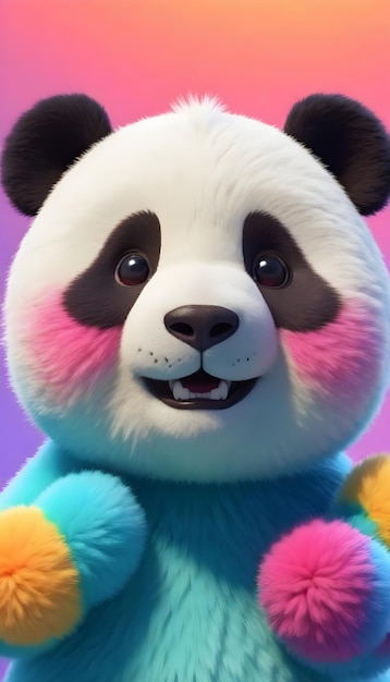 een opgezette panda met roze en blauw op zijn gezicht