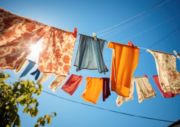 Foto een opname vanuit een lage hoek van een wasvrouw die vers gewassen beddengoed aan een waslijn tegen een open plek hangt