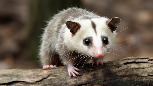 Een opossum op een boomstam met een boomtak op de achtergrond