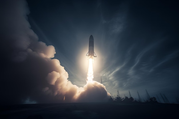 Een opstijgende spaceshuttle met erachter een rookwolk.