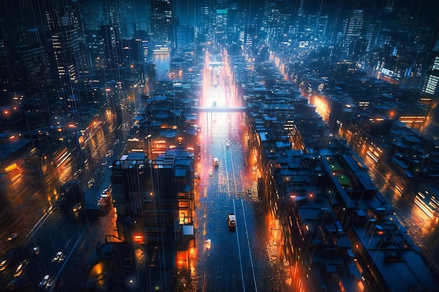 Een opvallend beeld van een abstracte snelweg die door een stadsbeeld van digitale torens loopt en de diepe impact van big data op het moderne leven oproept