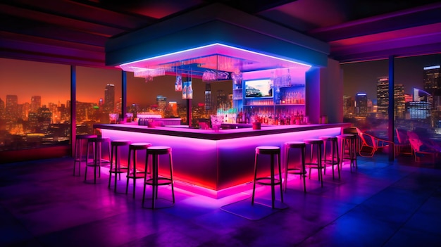 Een opvallend beeld van een hightech cocktailbar op het dak met een futuristisch design en een neonverlichte skyline