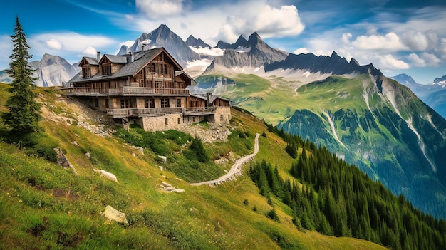 Een opvallend beeld van een luxe bergchalet dat een sfeer van exclusiviteit en verfijning uitstraalt te midden van een adembenemende bergachtige omgeving