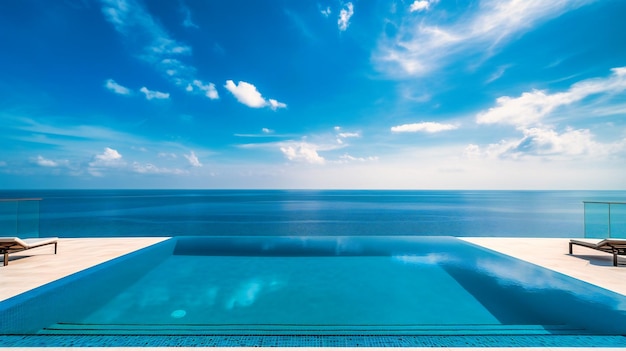 Een opvallend beeld van een luxe overloopzwembad aan de oceaan dat moeiteloos opgaat in de levendige zee en de lucht daarachter