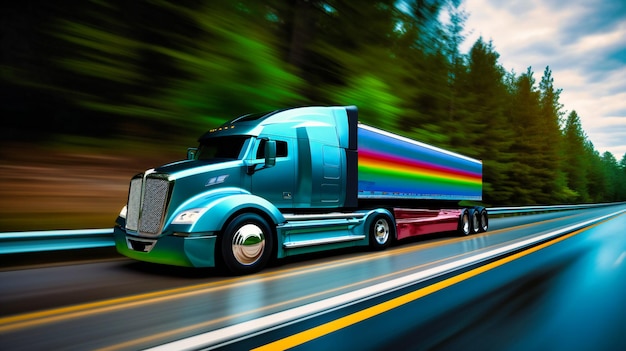Een opvallend beeld van een supersnelle futuristische vrachtwagen op de snelweg die de toekomst van vrachtvervoer symboliseert