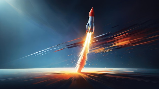Foto een opvallend contrast van licht en schaduw met een abstracte raket die naar het licht vliegt