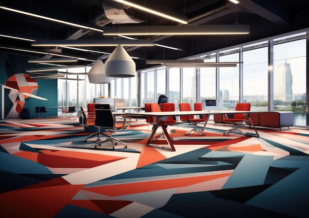Een opvallend grafisch tapijtdesign in een trendy kantoorruimte