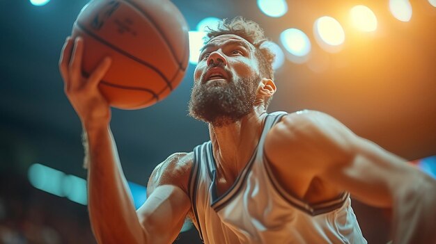 Foto een opvallend schot van een basketbalspeler die een drie-pointer ai genereert illustratie