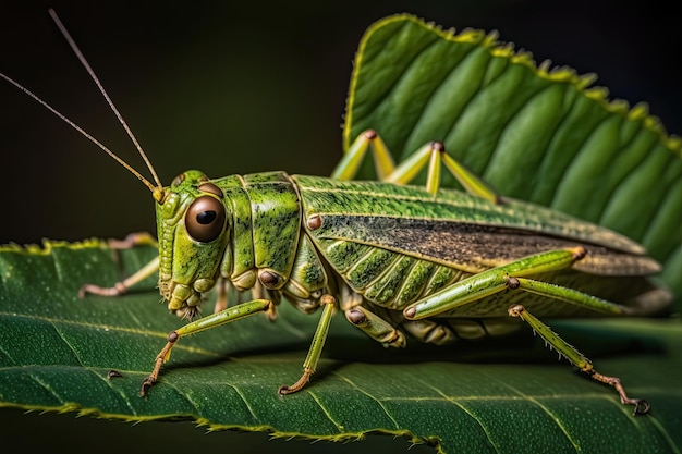 Een opvallende close-up van een groene sprinkhaan die op een blad zit en de ingewikkelde details en texturen vastlegt. Gegenereerd door AI