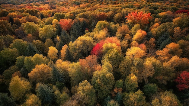 Een opvallende luchtfoto van een divers bos met een boeiende reeks kleuren terwijl het gebladerte overgaat in de herfst