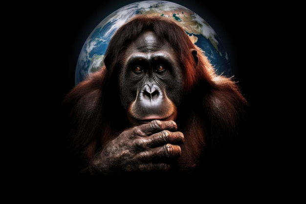 Foto een orang-oetan met een angstige uitdrukking die zijn handen voor zijn gezicht houdt