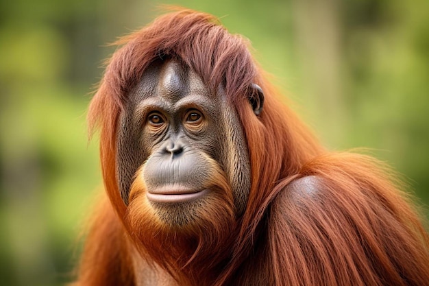 Een orang-oetan met een bruin gezicht en een groene achtergrond.