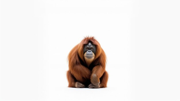Een orang-oetan zit op een witte achtergrond.