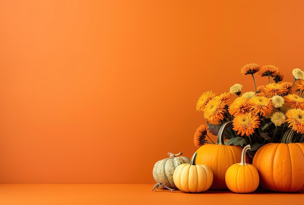 een oranje achtergrond met een pompoenpompoenkegel en bloemen