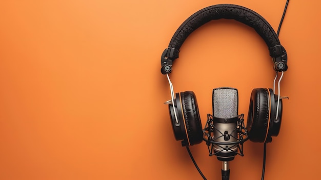 Een oranje achtergrond met koptelefoon en een opnamemicrofoon voor podcasts generatieve ai