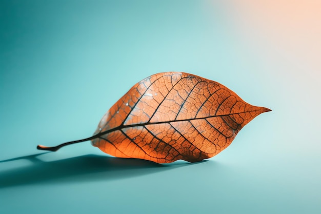 Een oranje blad zittend op een blauwe achtergrond