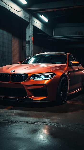 Een oranje bmw m5 staat in een donkere garage.