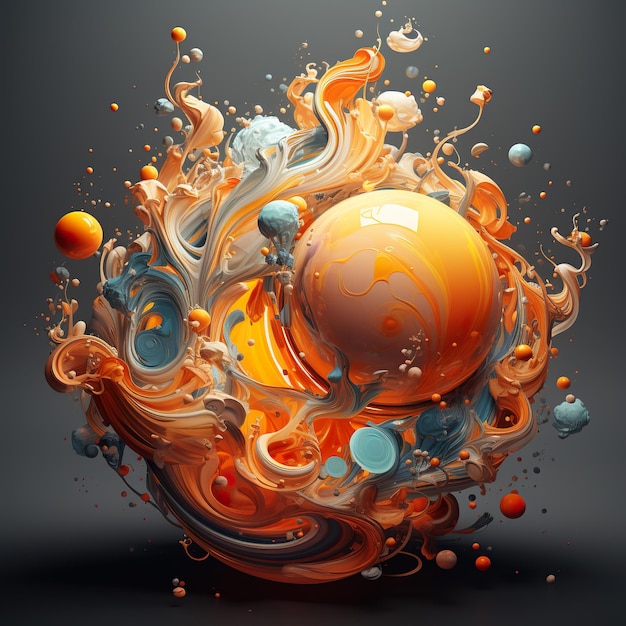 Een oranje en blauwe bal omgeven door bubbels en wervelingen generatief ai-beeld