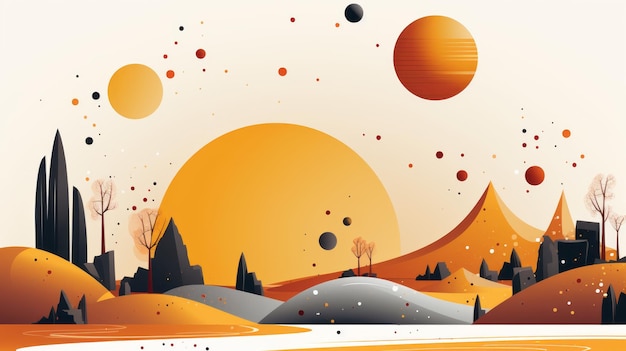 een oranje en geel landschap met planeten aan de hemel