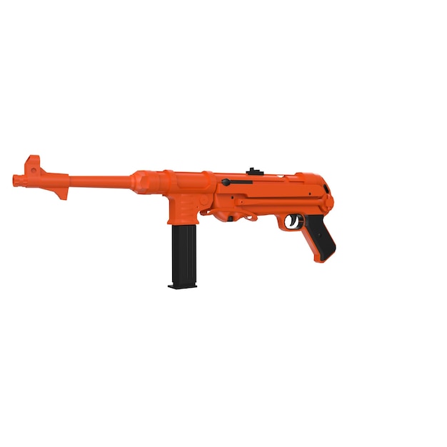 Foto een oranje en zwart speelgoedpistool met een witte achtergrond.