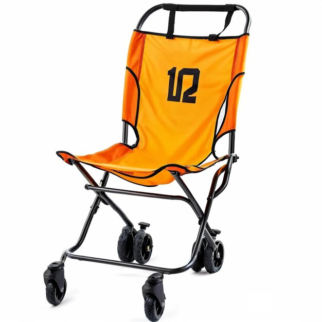 een oranje en zwarte stoel met het nummer 12 erop
