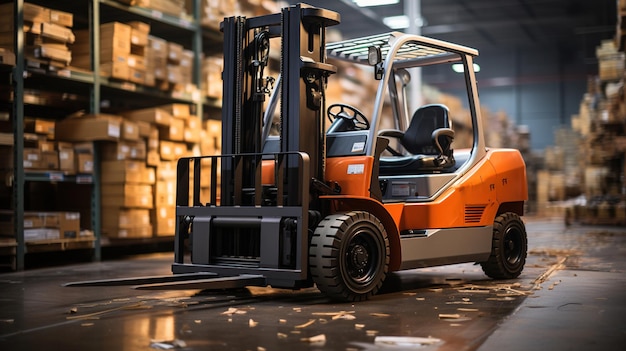 een oranje en zwarte vorkheftruck staat op een magazijnvloer.