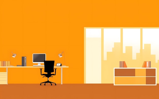 Een oranje kamer met een bureau en een computer erop