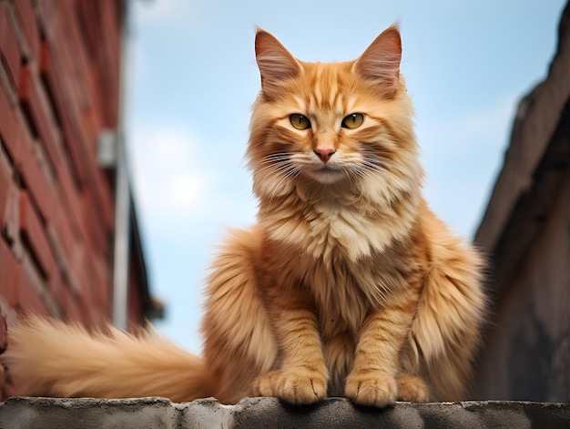 Foto een oranje kat die op een muur zit