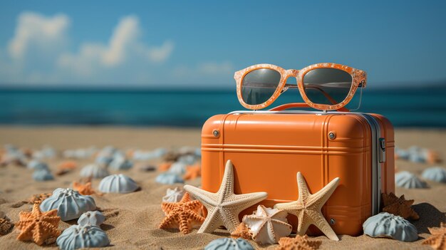 Foto een oranje koffer met zonnebril en zeesterren op het zand