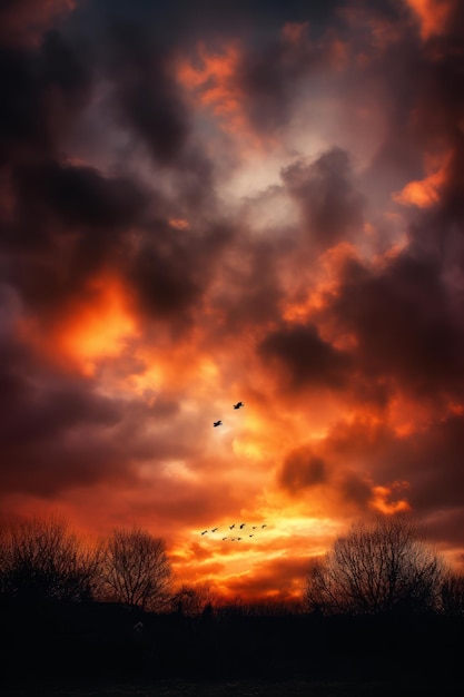 Een oranje lucht met vogels die erin vliegen in de stijl van dramatische lichteffecten atmosferische wolken