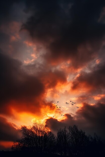 Foto een oranje lucht met vogels die erin vliegen in de stijl van dramatische lichteffecten atmosferische wolken